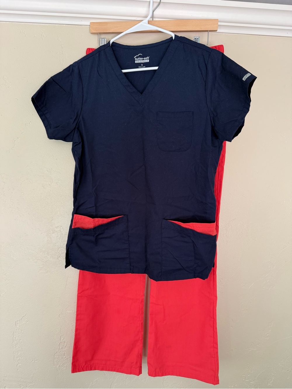 UA Butter-Soft Orginals Navy V-Neck Scrub Top with Red/Pink Trim